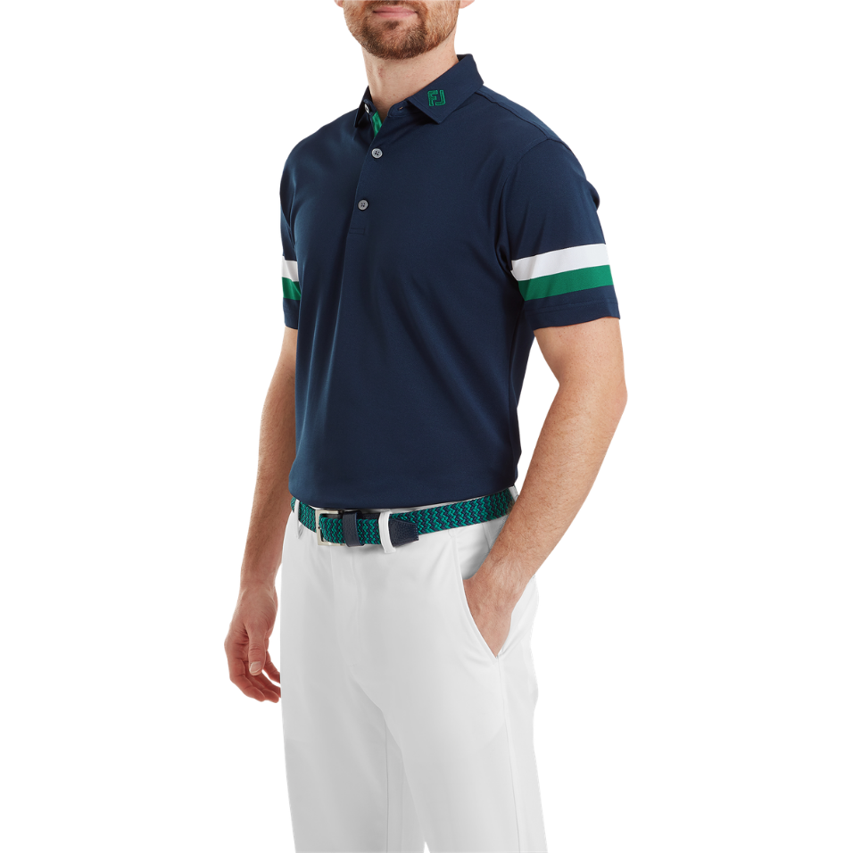 FOOTJOY SLEEVE STRIPED PIQUE POLO - NAVY/GREEN/WHITE