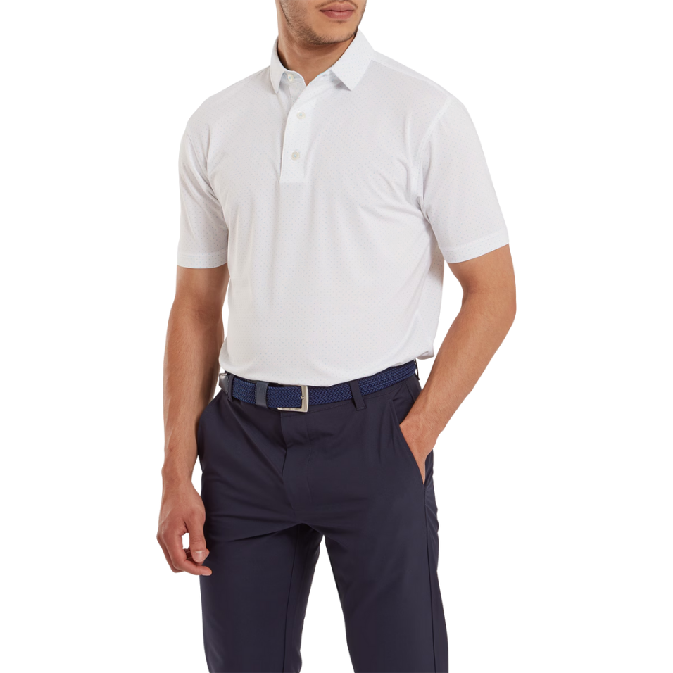 FOOTJOY STRETCH DOT PRINT LISLE WHITE/LIGHT BLUE MEN'S POLO