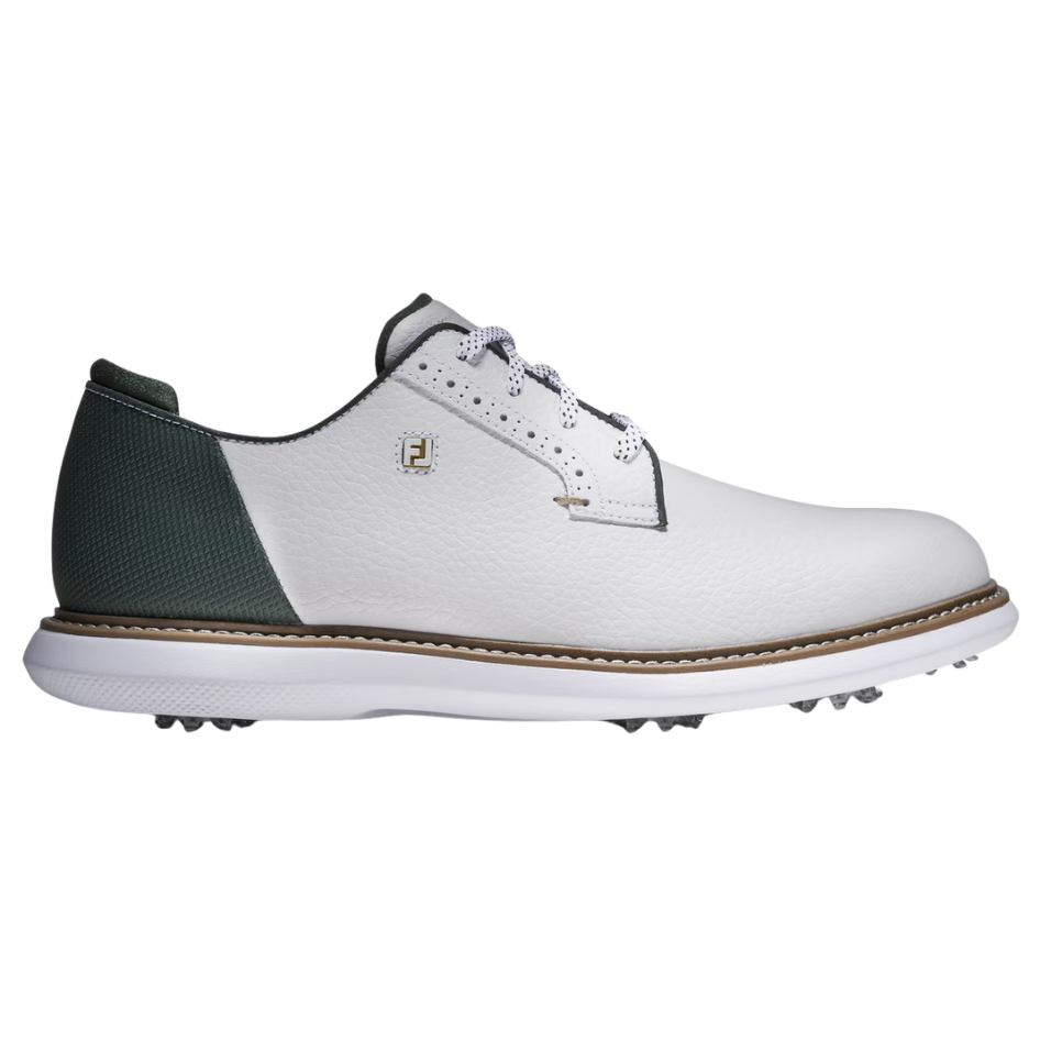 FOOTJOY TRADITIONS DIAMOND GRID BLUCHER SPIKED GOLF SHOE - WHITE/GREEN