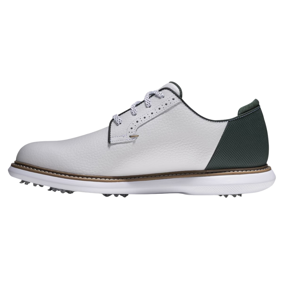FOOTJOY TRADITIONS DIAMOND GRID BLUCHER SPIKED GOLF SHOE - WHITE/GREEN