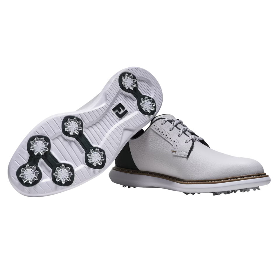 FOOTJOY TRADITIONS DIAMOND GRID BLUCHER SPIKED GOLF SHOE - WHITE/GREEN